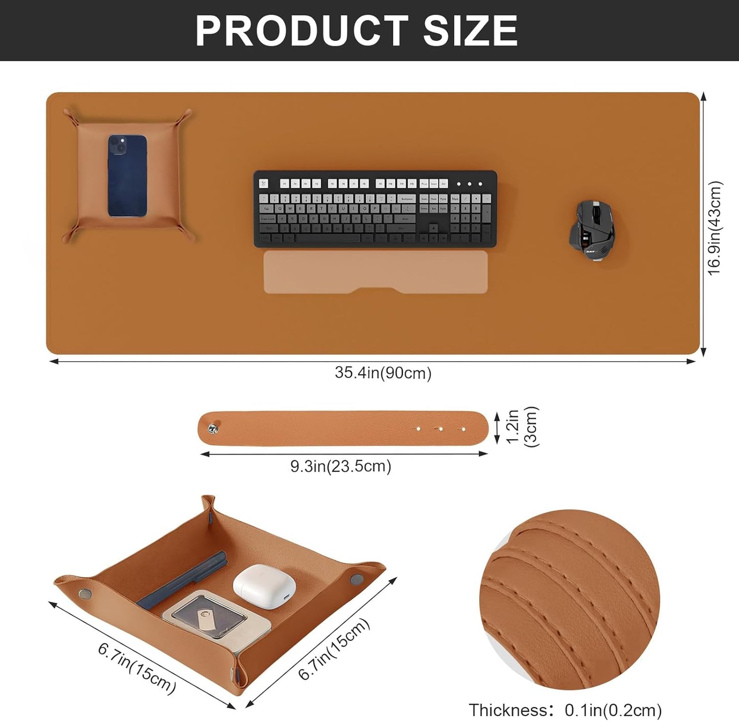 DAWNTREES Dual Sided Desk Mat,Leather Desk Pad,Brown 35.5"x17",Cork Desk Mat Protector,with PU Leather Valet Tray Organizer,Large Mouse Pad,Desk Writing Pad for Office and Home