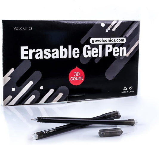 Volcanics Erasable-Gel-Pens Black, 30 Pack Fine Point 0.5 mm, Mistakes Dispear Smudge Free Perfect for School, Office, and Home Use