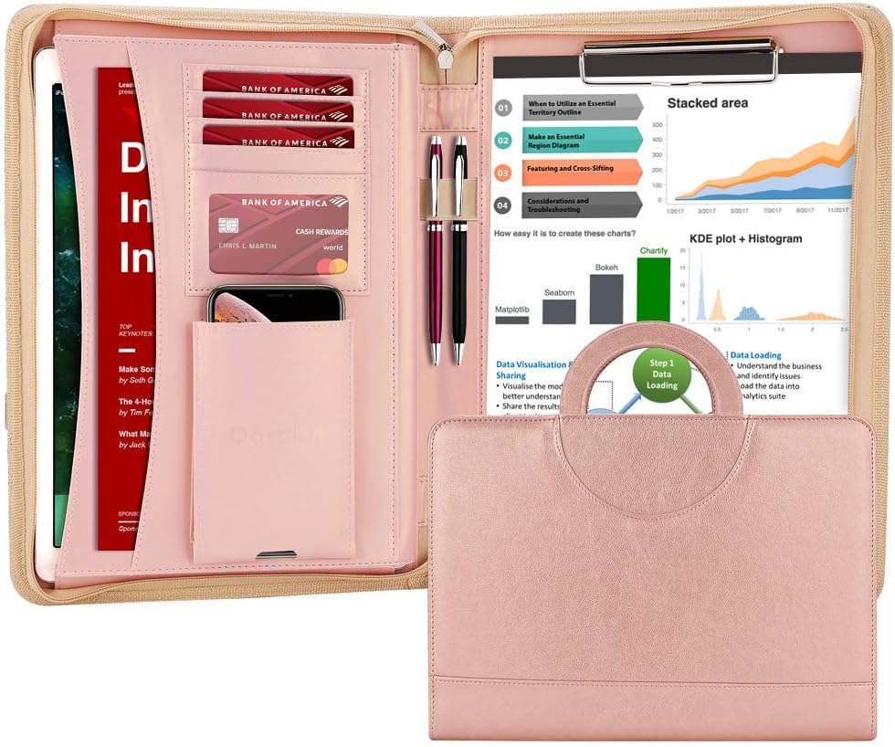 Darolin Zippered Leather Padfolio Portfolio with [Hidden Handle] and [Clipboard], Business Conference Portfolio Organizer Notepad Folder, Padfolio for Women/Men (Rosegold)