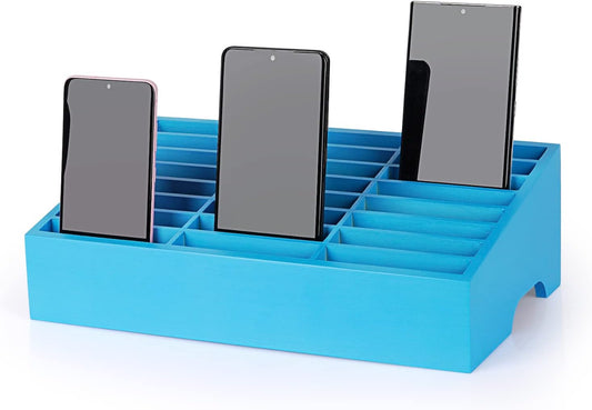 24-Grid Wooden Cell Phone Holder Desktop Organizer Storage Box for Classroom Office (Blue 24-Grid)