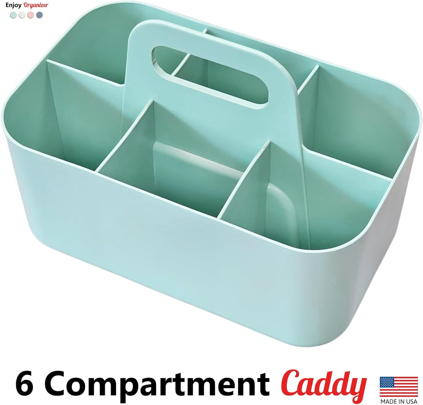 2 Pack Small 6 Compartment Multiuse Caddy Organizer with Handle Art Craft Supplies, Office, Desk, Stationery Pen Holder Stackable- Made In USA (Mint)