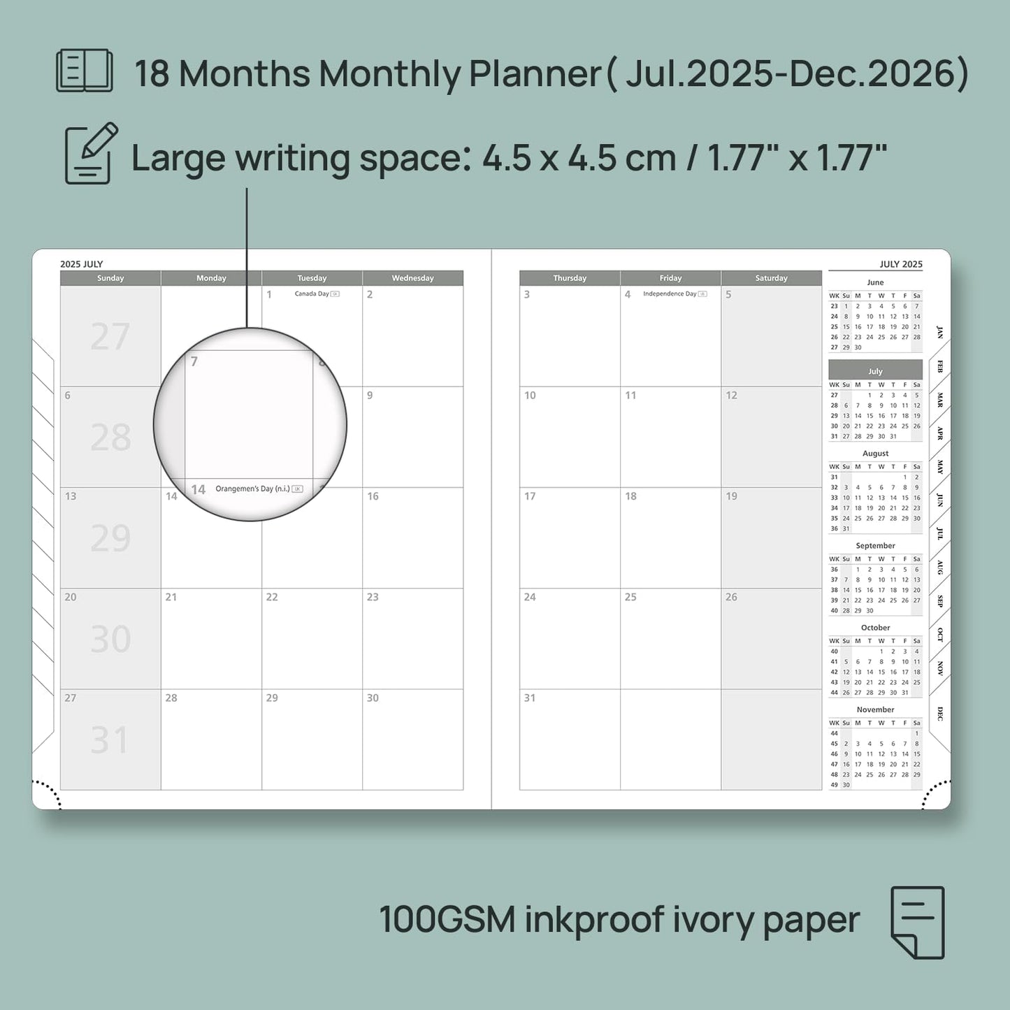 POPRUN Monthly Planner 2025-2026 (Large- 8.5" x 10.5" Soft Cover), 18-Month Calendar Book (Jul.2025-Dec.2026), Calendar Planner with Monthly Tabs & Pocket, 100 GSM Paper - Green