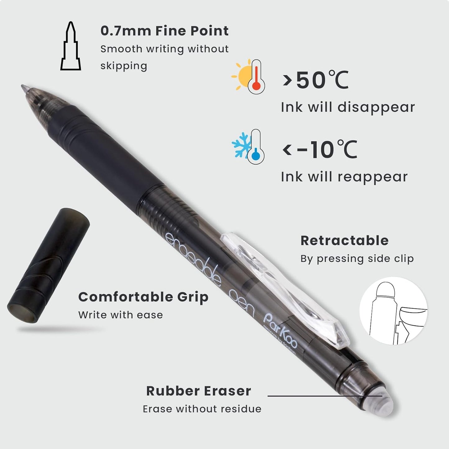 ParKoo 20 Pack Retractable Erasable Gel Pens Clicker, Fine Point 0.7 mm, Make Mistakes Disappear, Black Pens for Writing, Journaling and Crossword Puzzles