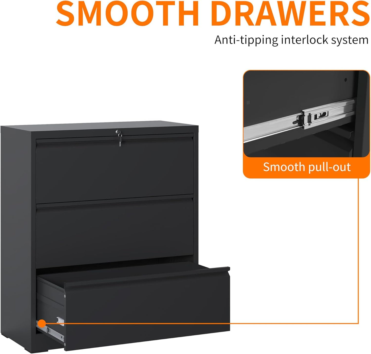 Locking Filing Cabinet with 3 Drawer Heavy Duty Large Metal File Cabinet Home Office Black Lateral File Cabinets Wide Steel Cabinet for Legal/Letter Size File,Assembly Required