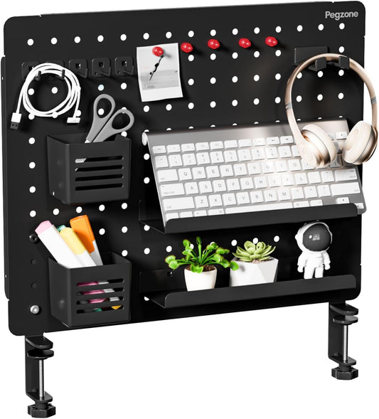Clamp-on Desk Pegboard, Desk Organizer for Office Gaming Home, Magnetic Metal Peg Board with 15 Accessories, Privacy Panel for Office, 20.4" x 16.5", Large, Black