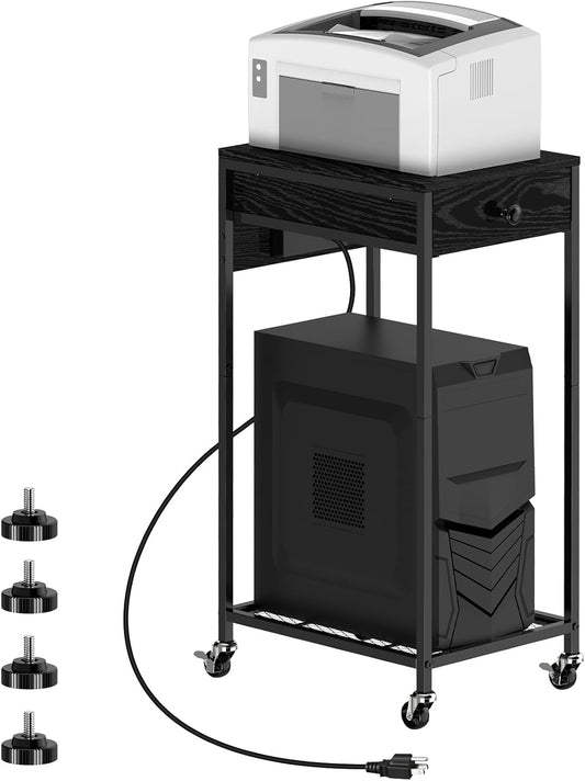 2 Tier Computer Tower Stand with Drawer, CPU Holder Stand with Charge Station and USB Charging Port, Printer Cart with Wheels for Home Office Fax, Black