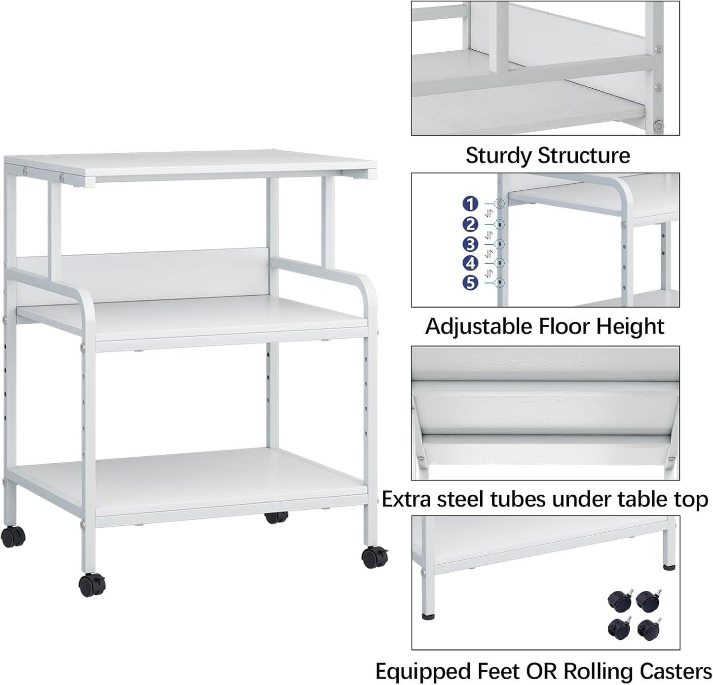 Large Printer Stand with Storage Shelf, 23.6" W x 18.9" D Printer Cart with Wheels, 3 Tier Mobile Printer Table for Home Office,Stands for Heat Press Scanner Fax (White)