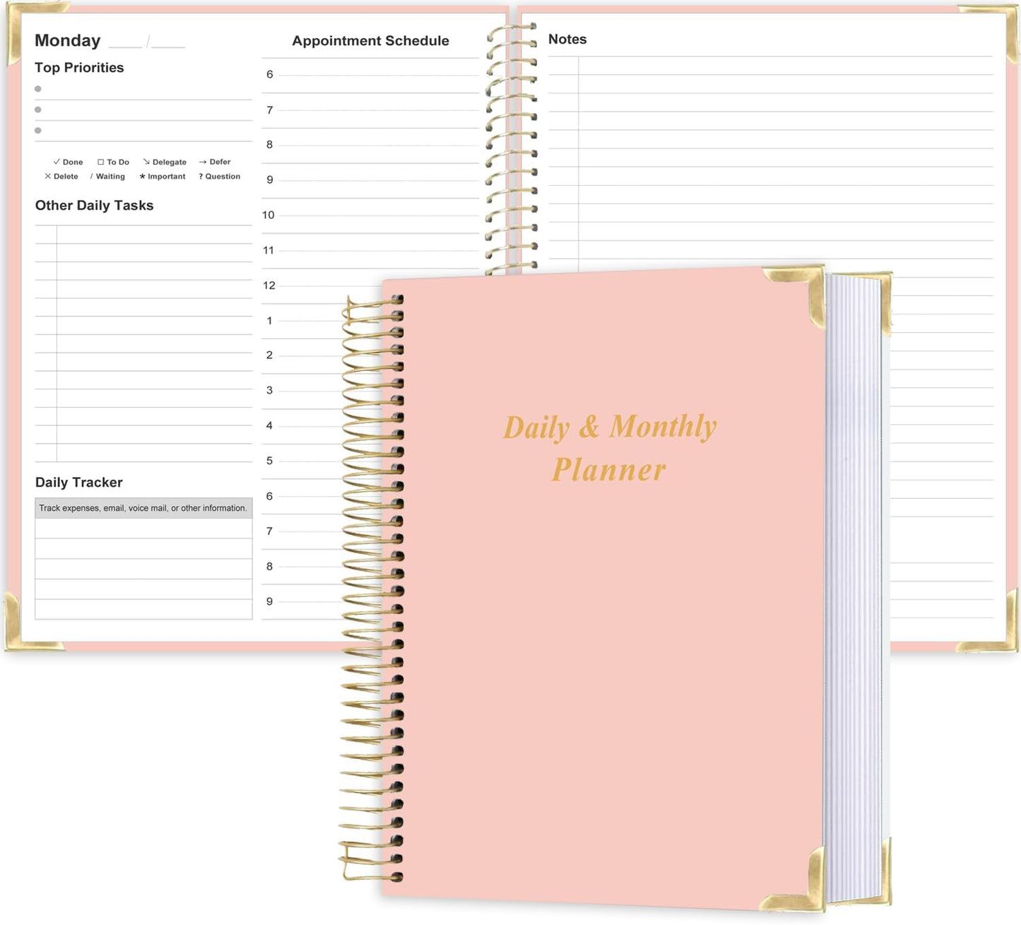Undated Daily Monthly Planner for 2025 2026 - A4 To Do List with Hourly Schedule, Hardcover Spiral Bound Daily Planner to Increase Focus, Stylish School/Office Supplies, 8.5" x 11", Pink