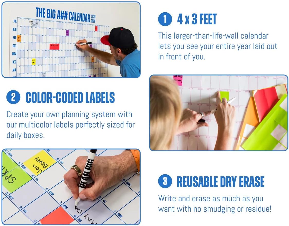 The Big A## Calendar Yearly Wall Planner – January to December Dry-Erase – Includes 1 Marker & 100 Labels – Lightweight, Easy to Hang Yearly Planner – Plan Goals & Adventures – Neutral, 4’x3’