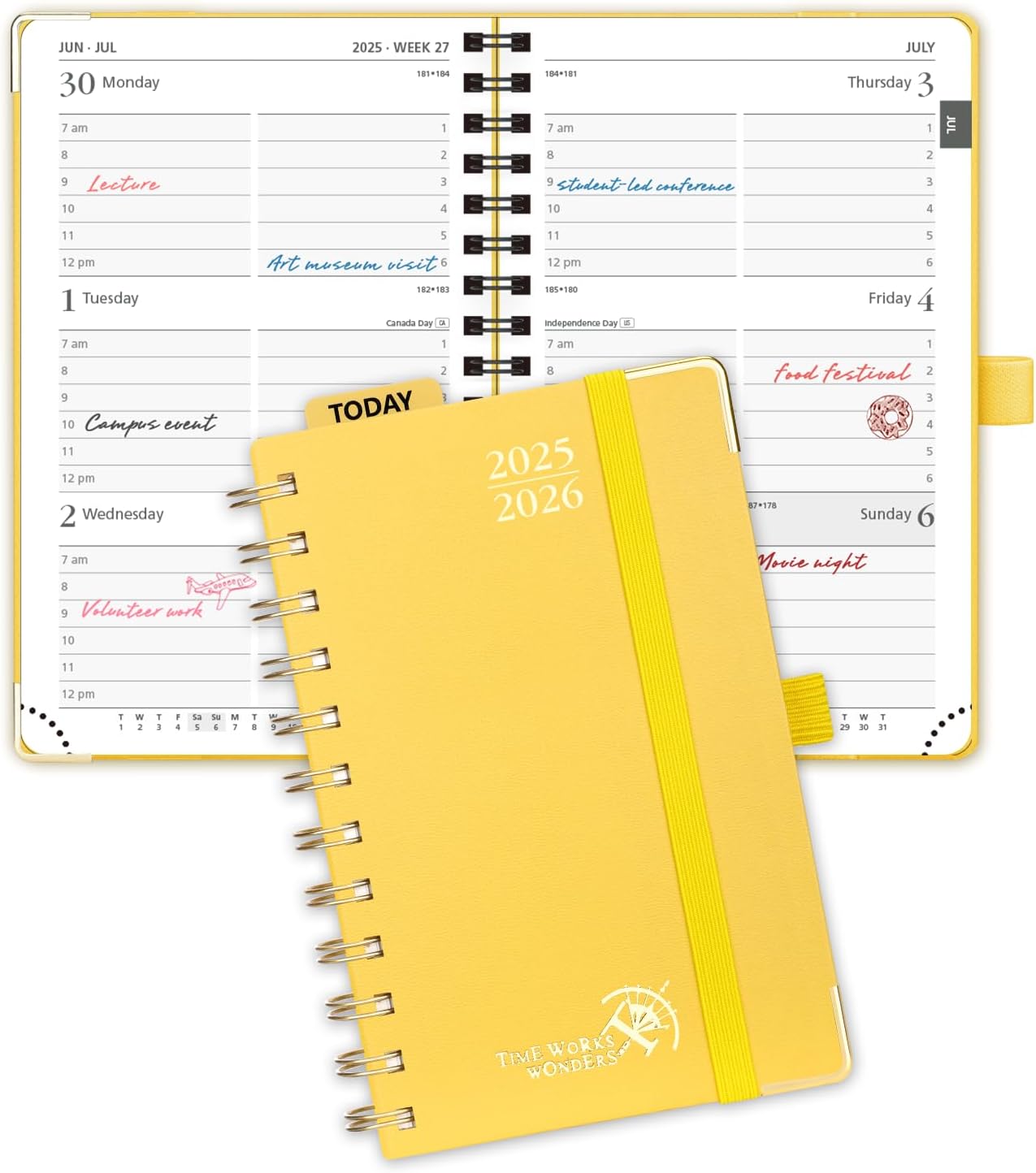 POPRUN Pocket Planner 2025-2026 (Spiral Hardcover - 4''x 6.25''), Daily Weekly and Monthly (July 2025 - June 2026) with Hourly Time Slots, for Purse, 100 GSM - Light Yellow