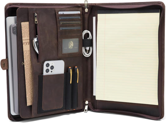 Genuine Leather Portfolio, Legal Size 8.5 x 14 Pad Holder, Business Padfolio for Men and Women, Zippered Laptop Organizer, Executive Professional Work Travel Notepad Folio, Dark Khaki