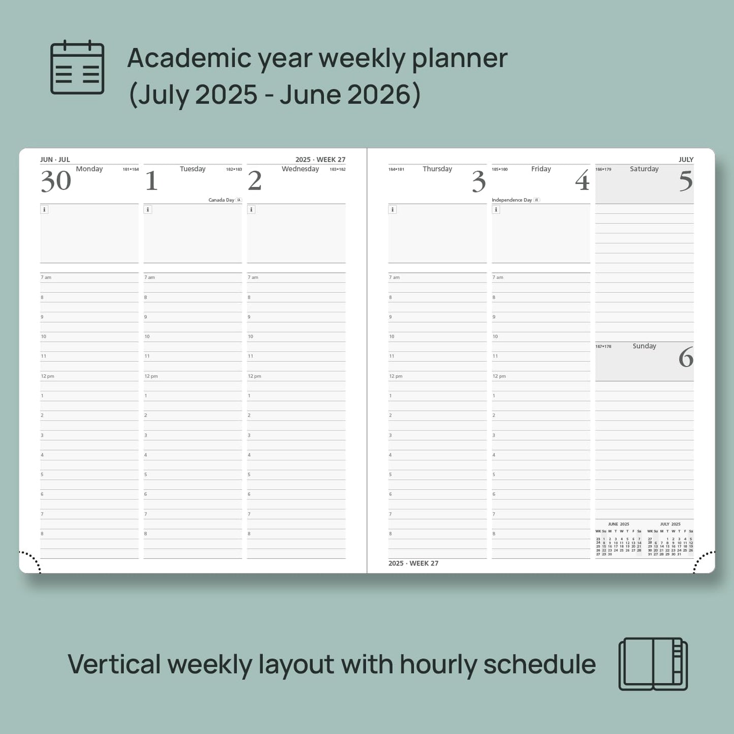 POPRUN Planner 2025-2026 (Large - 8.5'' x 10.5'') Academic Weekly Calendar (July 2025 - June 2026) with Hourly Time Slots, Monthly Tabs, 100GSM Thick Papers, Leather Soft Cover - Pacific Green