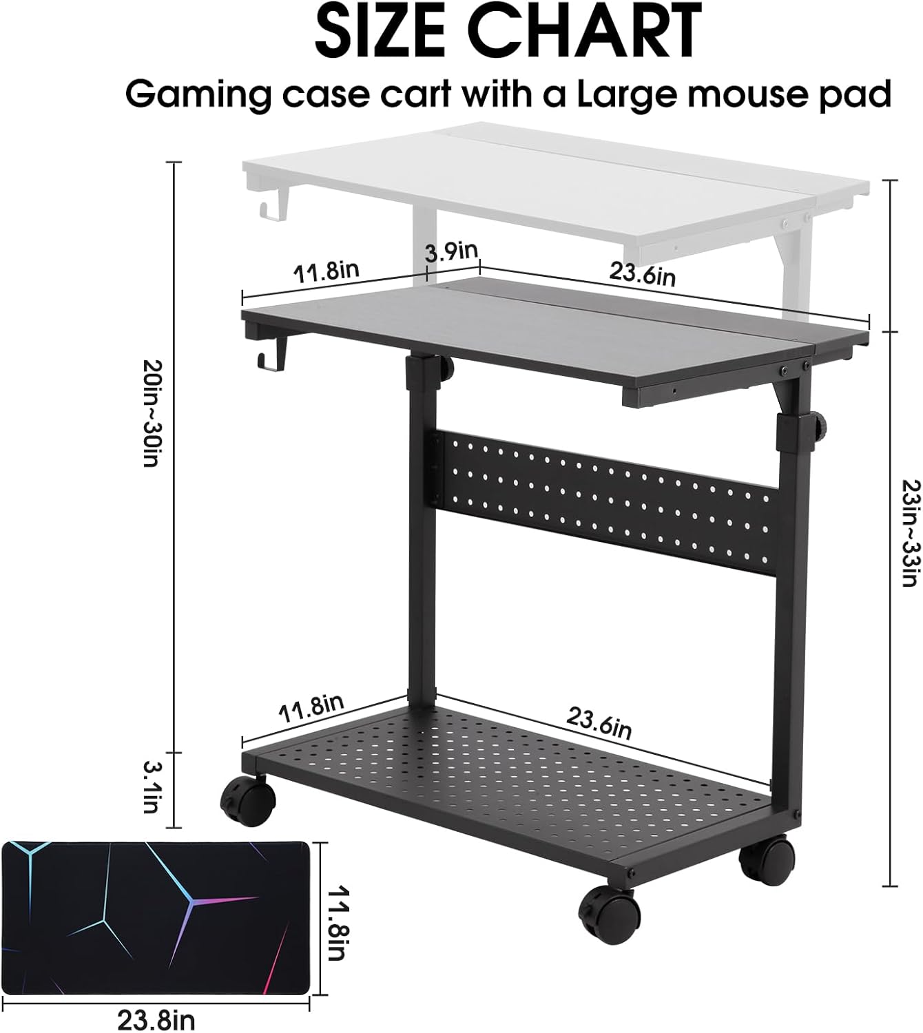 KEBE Wider Tower Stand, Height Adjustable Computer Tower for Gaming Home Office, 2-Tier PC Stand Printer Rack ATX-Case CPU Holder Cart with Wheels & Mouse Pad, Black