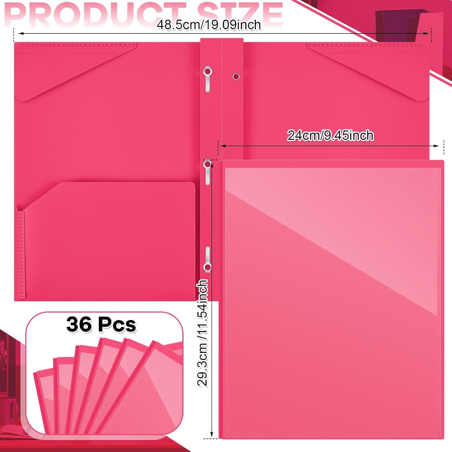 Henoyso 36 Pcs Plastic Folder with Clear Front Pocket and 3 Prong Plastic Folders with Card Slot Pocket Folders with Prongs for School Office (Rose Pink)