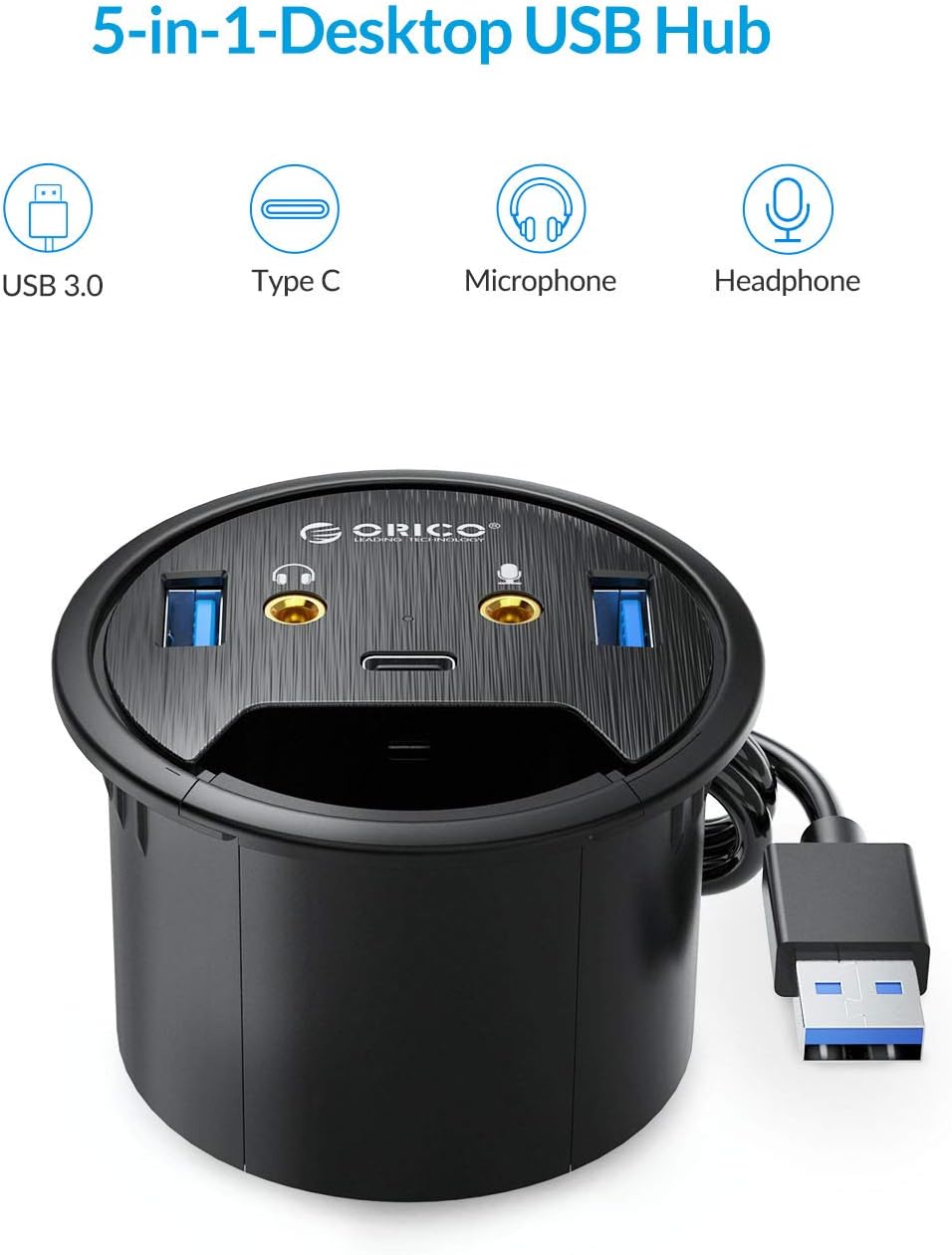 ORICO Desk Grommet USB 3.0 Hub with 2 Type-A 1 Type-C Port, Mic & Audio Jack, 4.9Ft Long Cord for Diameter 60mm Hole, Desktop Cable Organizer, Home Office PC Accessories
