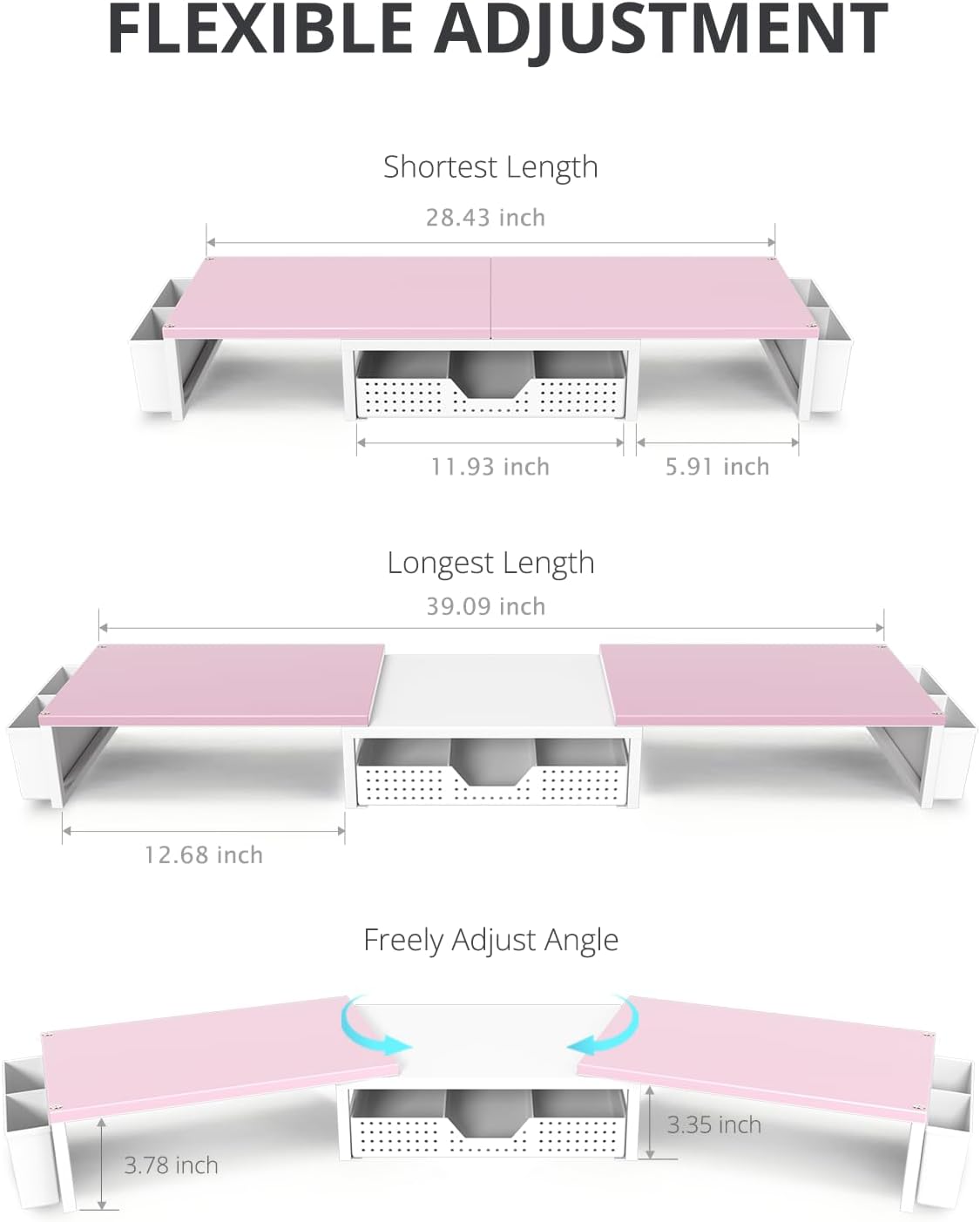 Desk Dual Monitor Stand Riser - Desk Organizer with Drawer and Pen Holders, Office Desk Accessories & Workspace Organization, Computer Monitor Stand for Laptop, Printer(Pink＆ White)