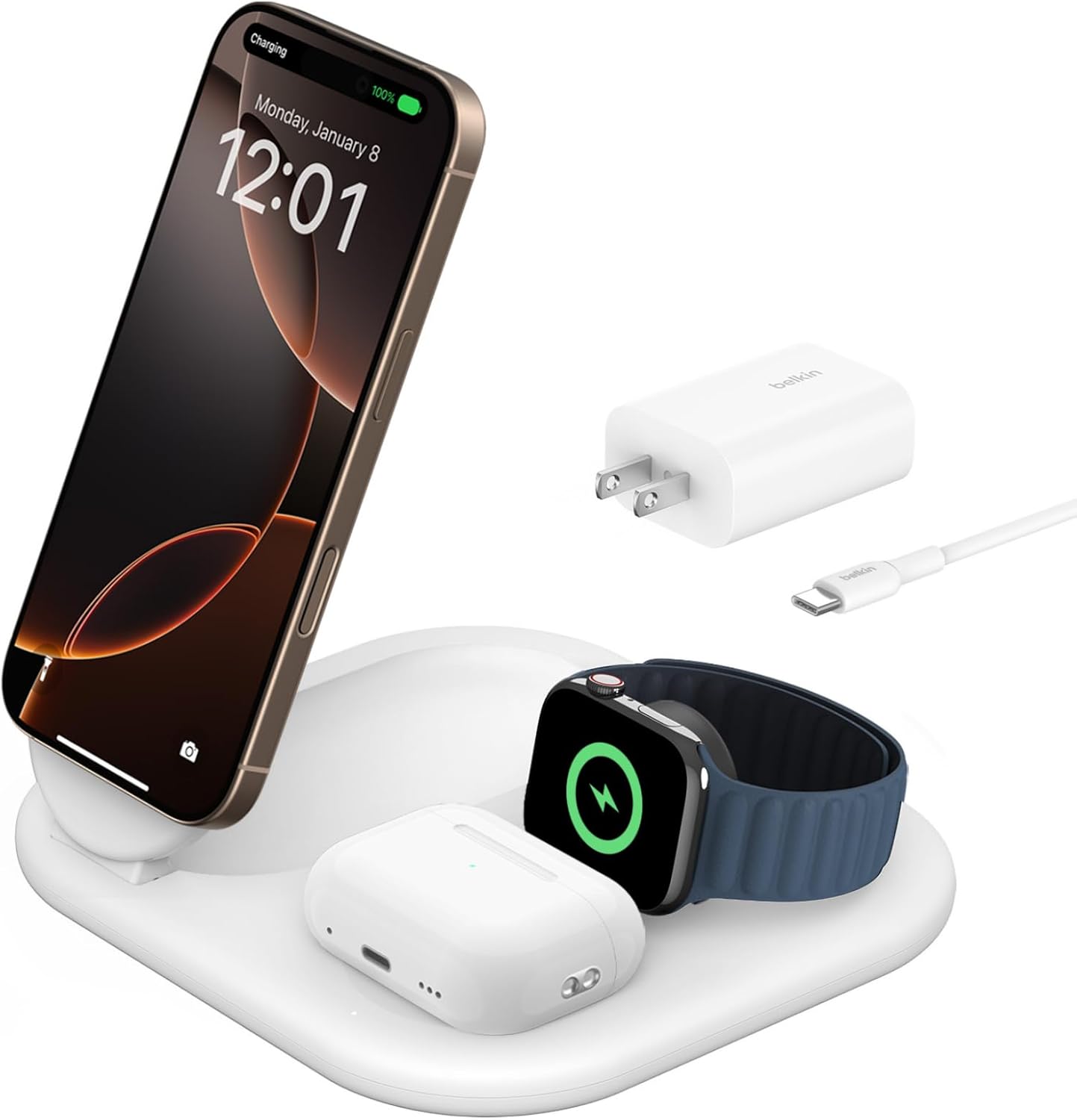 Belkin 3-in-1 MagSafe-Compatible iPhone Charger 15W, Foldable Magnetic Qi2-Certified Wireless Charging Station for iPhone 17, Apple Watch Series 10, AirPods 4, Pixel 10, w/Non-Slip Base & PSU - White