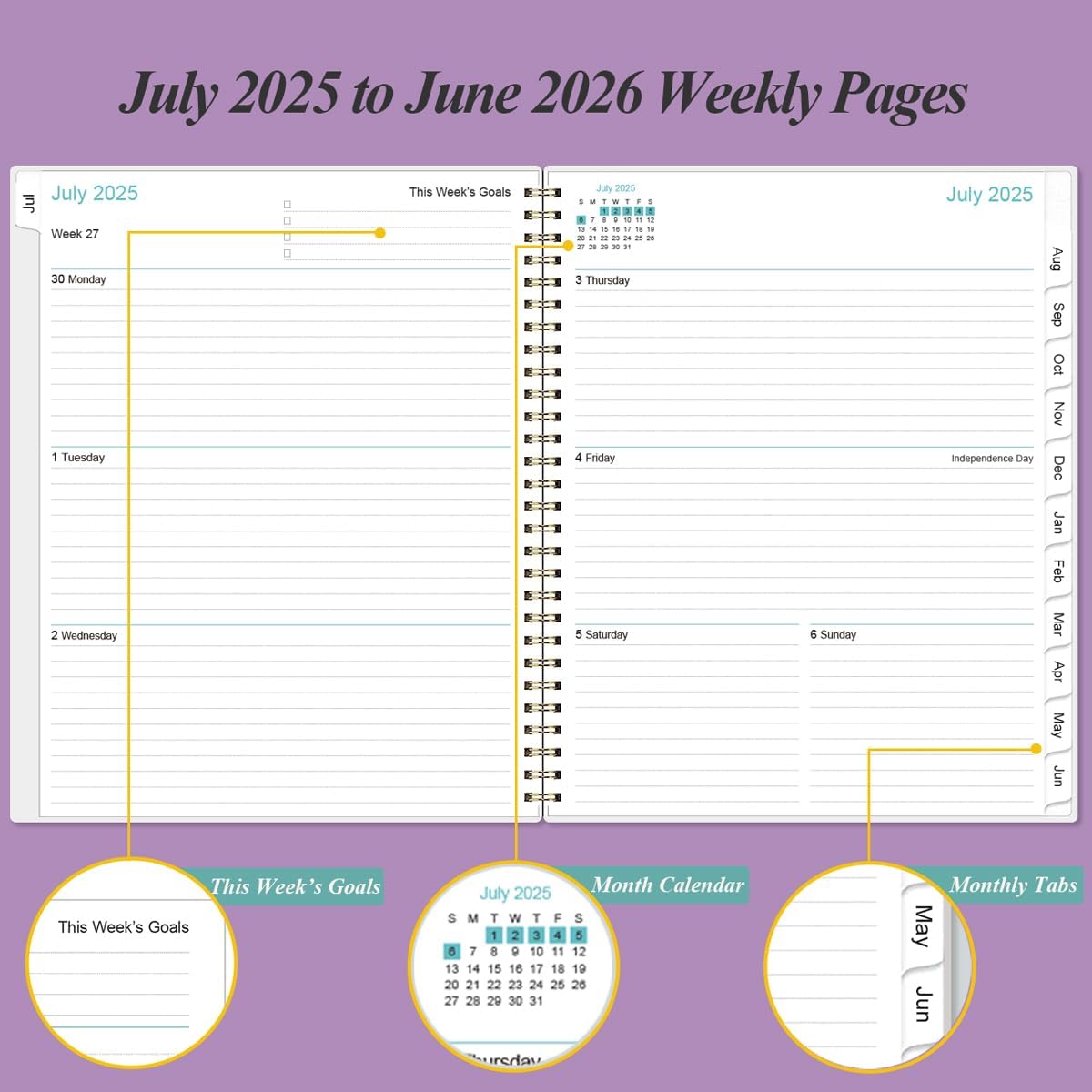 2025-2026 Planner - Academic Planner 2025-2026 from July 2025 to June 2026 with 12 Monthly Tabs, Flexible Cover, Inner Pocket, 8.5" x 11", Purple