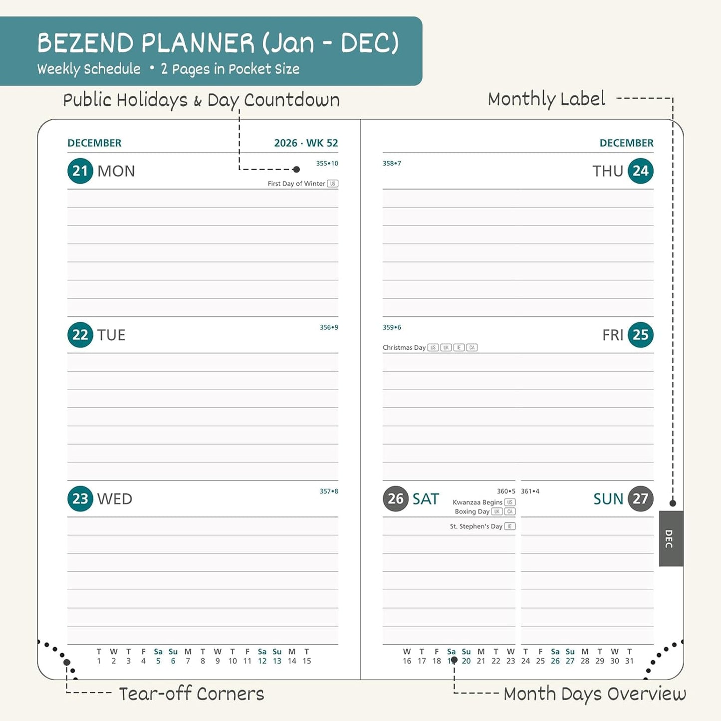 BEZEND Pocket Calendar 2026 Weekly and Monthly (3.5" x 6") Small Daily Planner for Purse (Jan-Dec) with Notes & Expenses, Inner Pocket, Pen Holder, Vegan Leather Hardcover - Kiwi
