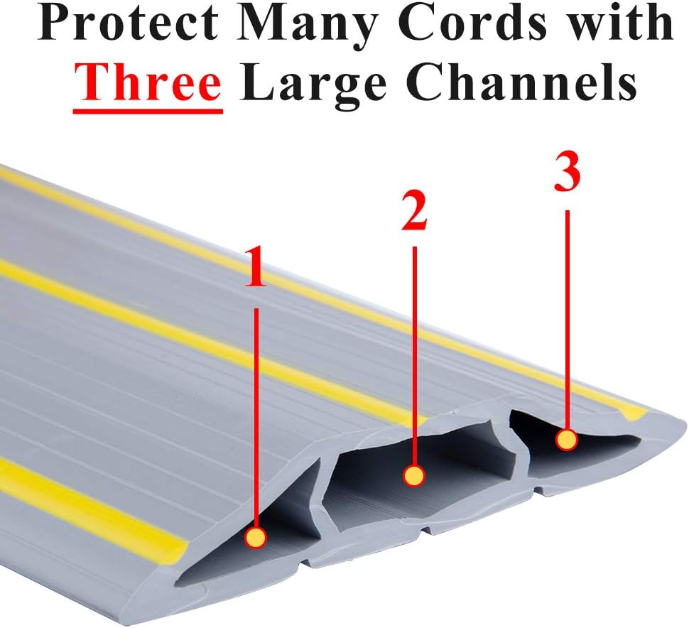10Ft Cord Cover Heavy Duty Cable Protector 3 Channels Contains Cords Cables and Wires Easy to Unroll-Conceal Wires of Home Office Warehouse Workshop Concerts or Other Outdoors Surround (Gray-10Ft)