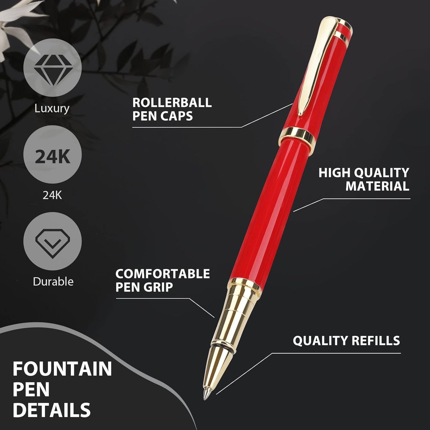 cheericome Luxury Rollerball Pen - Professional Pen, Executive Pen, Journal Pen, Perfect for Silky Smooth Writing, with Gift Box, Nice Pen for Men and Women, 2 Extra Premium Black Refills - Red
