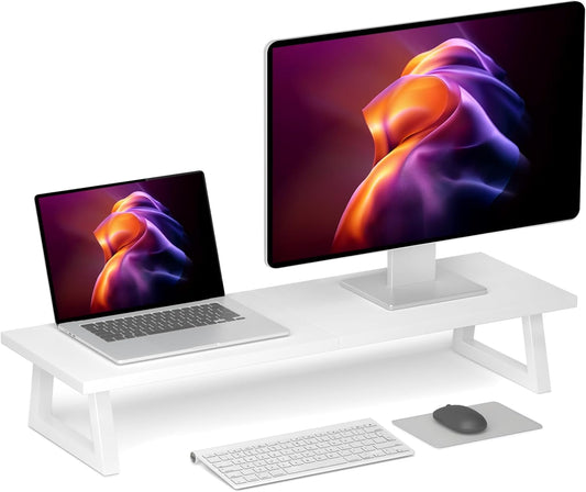 TEAMIX White Dual Monitor Riser - 31.5 inch Wide TV Stand for 2 Monitors - Wood & Steel Desktop Riser for Dual Screen Office Desk Organization