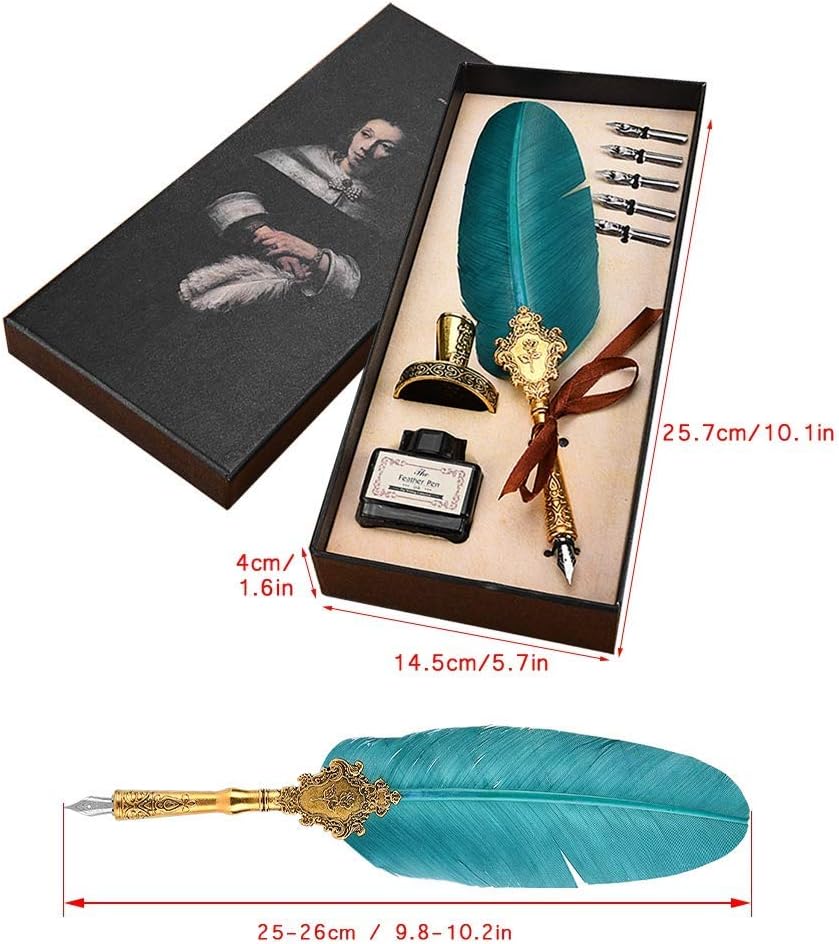 Retro Classical Dip Writing Pen,European Fountain Pen,5 Replacement Luxury Dip Pen Nips,Pen Stand Base,Writing Pen Ink Bottle Set Gift Box for