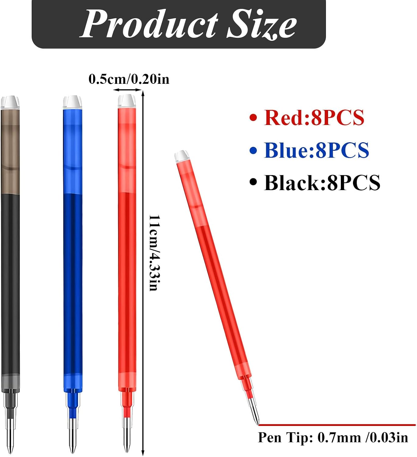 0.7 mm Erasable Gel Ink Pen Refills Compatible with Frixion Friction, Smooth Writing Multicolor Retractable Fine Point Pen Refill for School Office Home Art (Blue &Black &Red, 24)