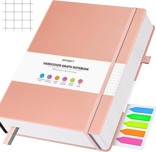 Graph Paper Notebook, 312 Numbered Pages B5 Hardcover Leather Journal, 100gsm No Bleed Grid Paper Notebook with Index Pages, Grid Notebook for Graphing Notes Math, 7.6'' X 10'', Pink