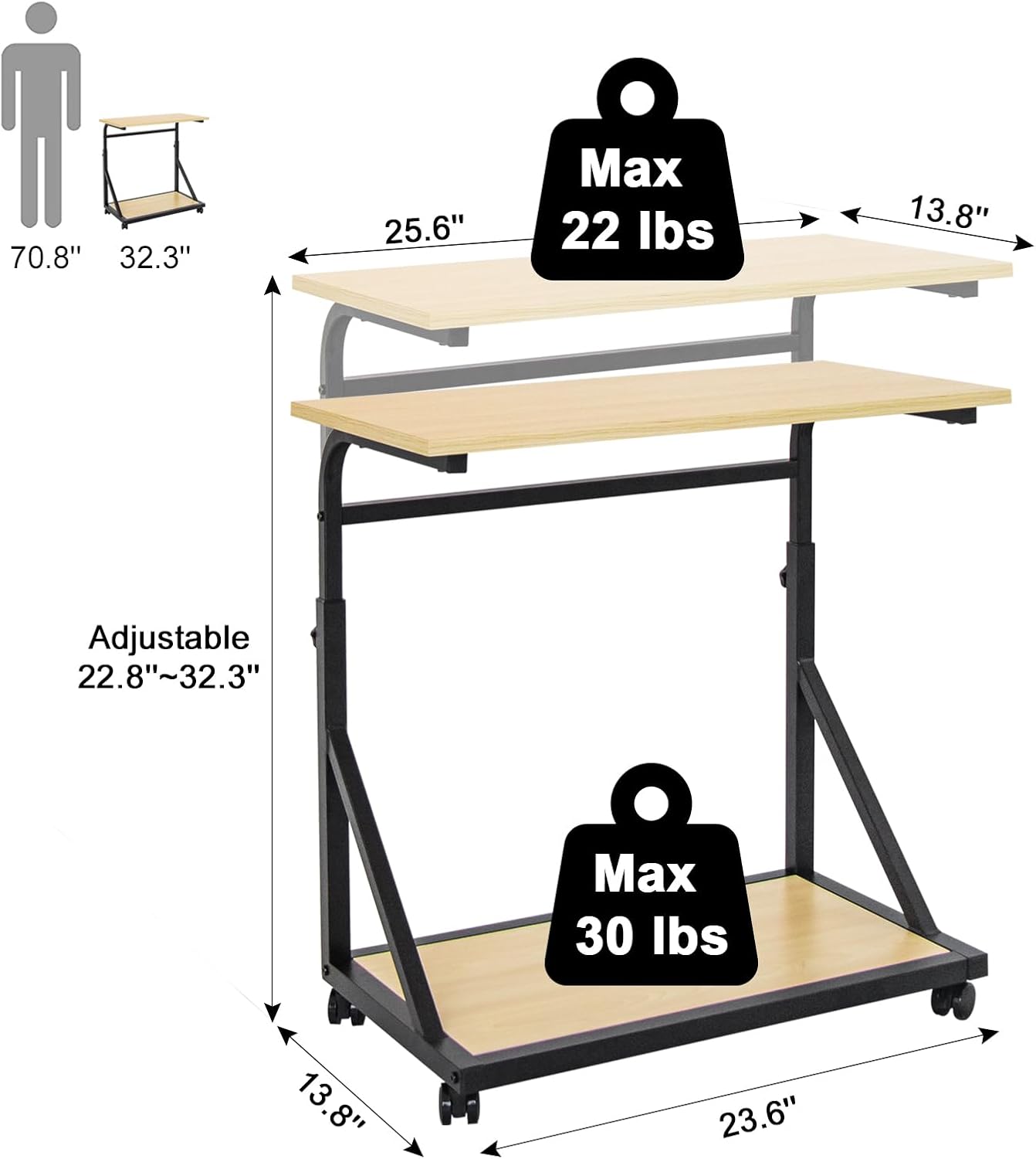 Computer Tower Stand, 2-Tier CPU Stand with Lockable Wheels, Adjustable Height PC Stand for Floor, Mobile PC Laptop Standing Table for Home Office (White Maple)