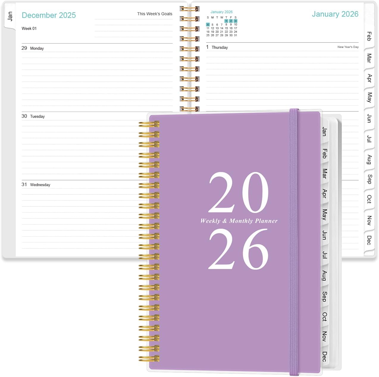 2026 Planner - A5 Weekly & Monthly Planners Spiral Bound, January 2026 - December 2026, 2026 Planner with Flexible Cover, Tabs, Inner Pocket, 6.4" x 8.5", Purple