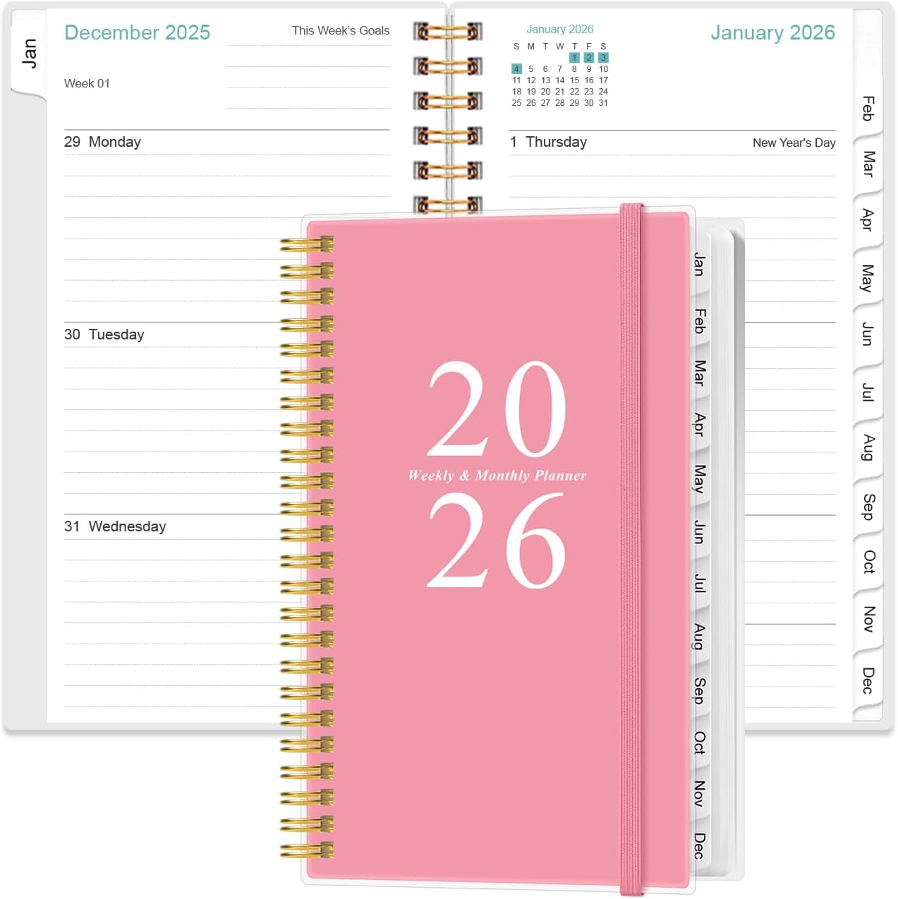 2026 Pocket Planner/Calendar - 2026 Planner from January 2026 - December 2026, Planner 2026 with 12 Tabs, Twin-Wire Binding, Inner Pocket, 3.75" x 6.75", Pink