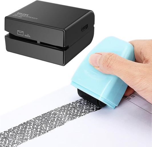 Electric Letter Opener and Confidential Roller Stamp Combo, Portable Office School Stationery for Cutting Envelope,ID Blockout, Womens Mens Moms Dads Gifts for Birthday Anniversary(Black+Blue)