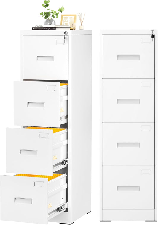 Crownland Lateral File Cabinet with 4 Drawers, 15" W Metal Lockable Office File Cabinets for Home Office- Stores Letter/Legal/A4/F4 Files(White)