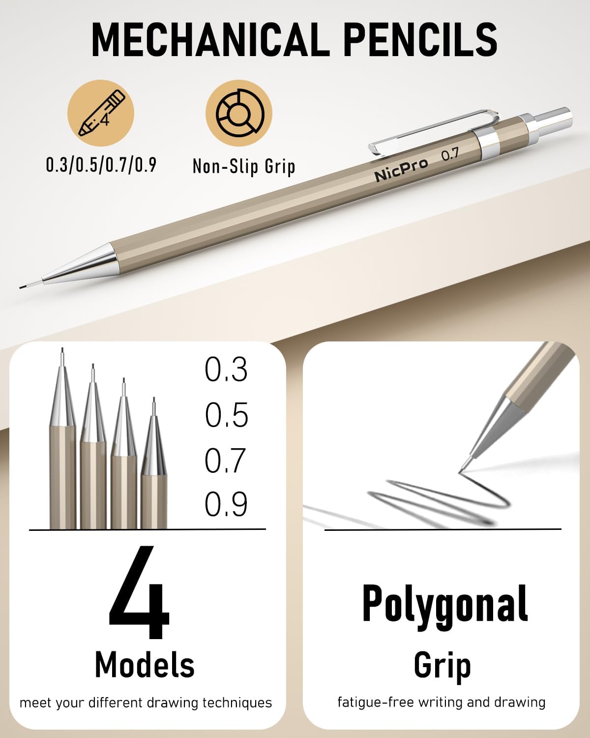 Nicpro 5 PCS Art Mechanical Pencils Set, Metal Drafting Pencil 0.3 & 0.5 & 0.7 & 0.9 & 2mm Graphite Lead Holder(4B 2B HB 2H Colored) for Sketching Drawing With Lead Refills Eraser Case