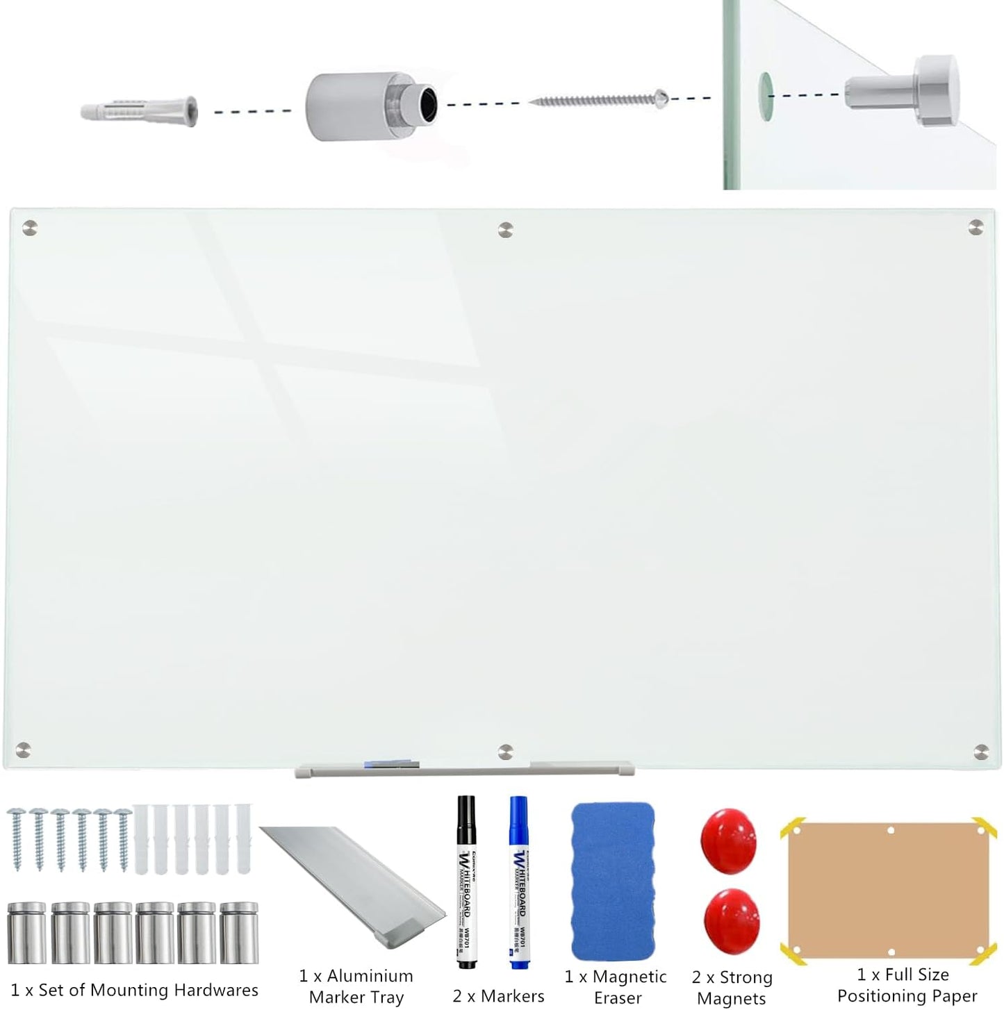 Glass Whiteboard Magnetic Dry Erase Board 6' x 3', Large Frameless Glass White Board for Wall, White Surface.