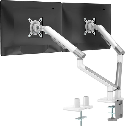 WALI Dual Monitor Stand White Monitor Arms for 2 Monitors, Mechanical Spring Tension Indicator Fully Adjustable Bracket, Up to 32 inch, 22lbs Weight Capacity (MATI002-W), White