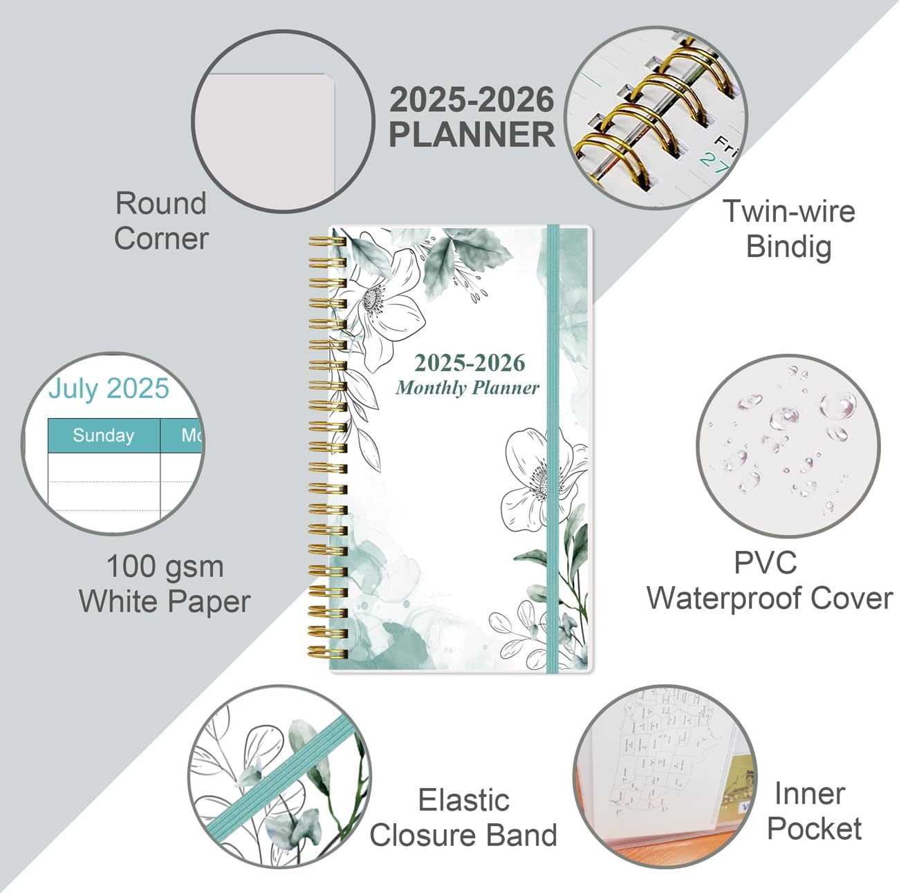 2025-2026 Monthly Planner - July 2025 - December 2026, Two Pages Per Month, 18 Monthly Calendar/Planner with Tabs, Strong Twin-Wire Binding, Inner Pocket, 3.75" x 6.5", Teal Flower