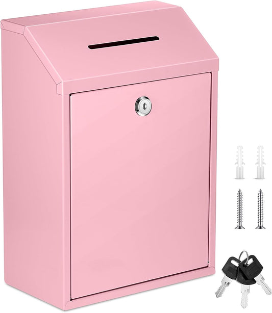 Metal Donation Cash Box Collection Safe Suggestion Box with Lock Wall Mounted Mailbox Delivery Ballot Container for Home Office Outdoor Door(Pink,11.8 x 8.6 x 4.7 Inch)
