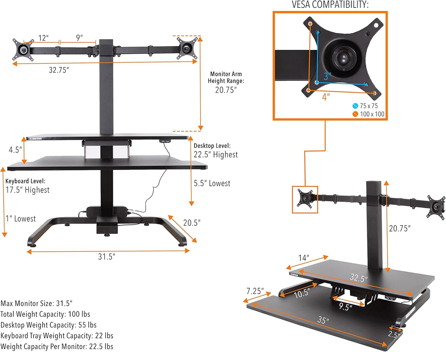 Stand Steady Techtonic Electric Standing Desk Converter wIth Dual Monitor Mount, 2 Screen Support, Quiet Sit-Stand Desk with Button Control, Keyboard Tray, Ideal for Gaming & Computer Work (Black)