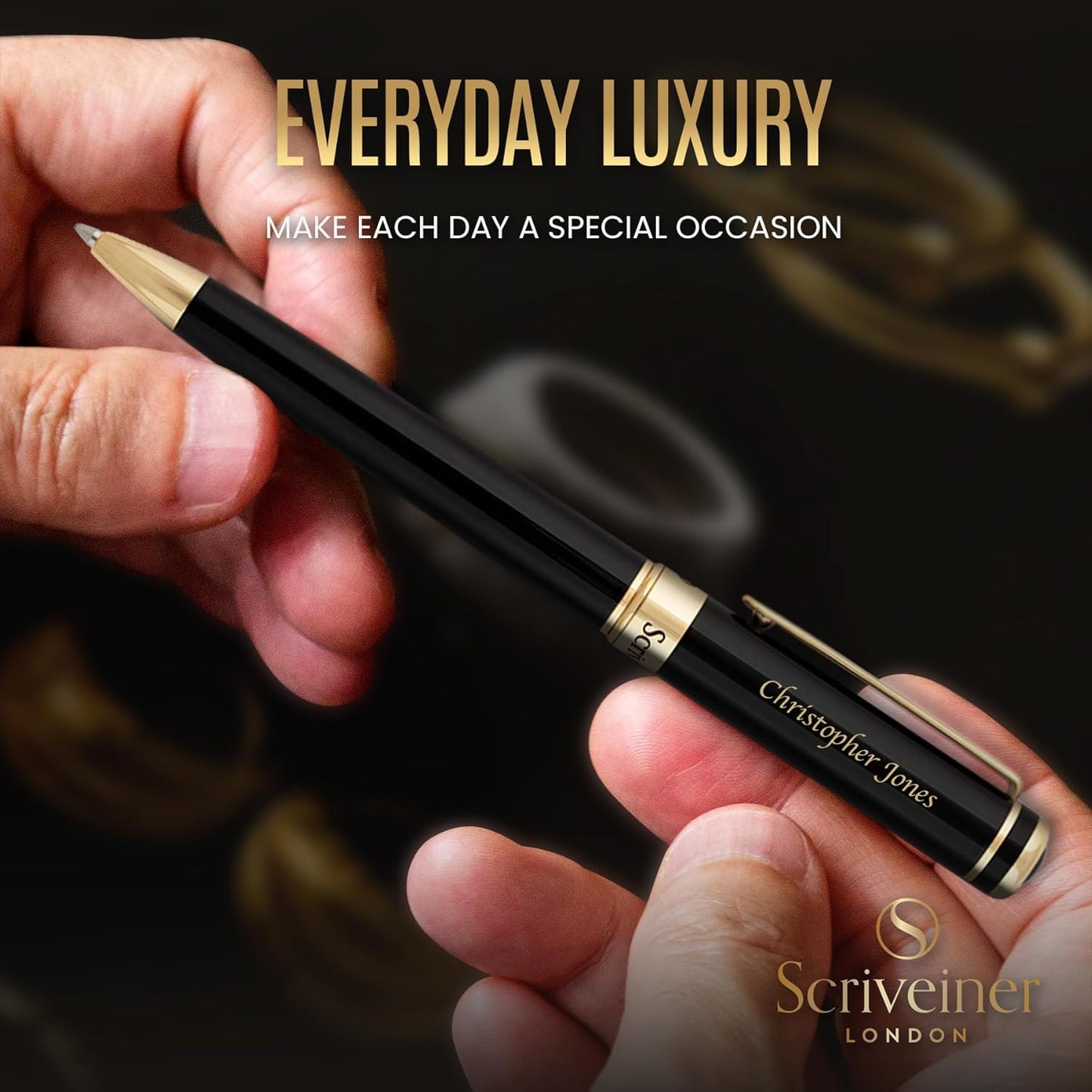 Scriveiner Personalized Black Ballpoint Pen - Stunning Luxury Pen, Jet Black Lacquer, Real Gold Plating, Schmidt Ink Refill, Best Engraved Ball Point Gift Set for Men & Women, Custom Name Engraving