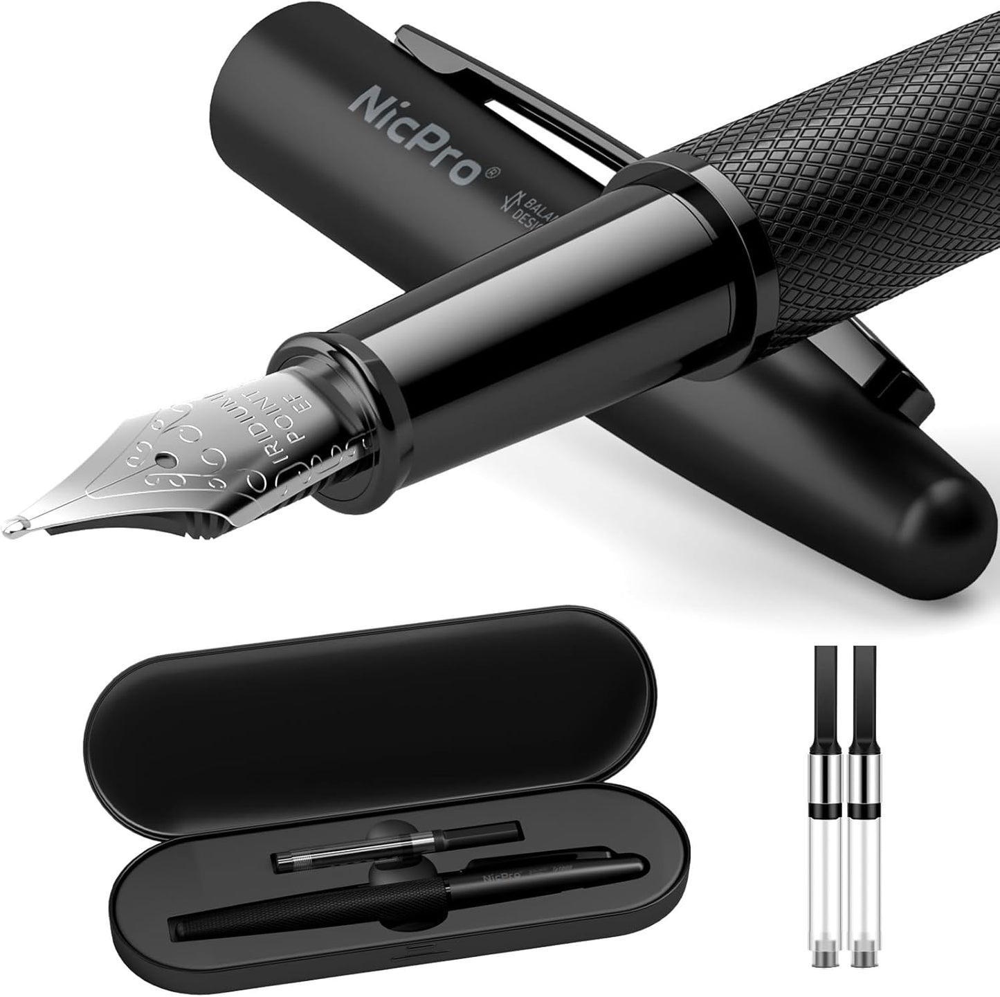Nicpro Fountain Pen Set with Box, Classic Black Fancy Pen with Converter, 0.38mm Extra Fine Nib Smooth Writing Calligraphy, Office, Business, Luxury Pen