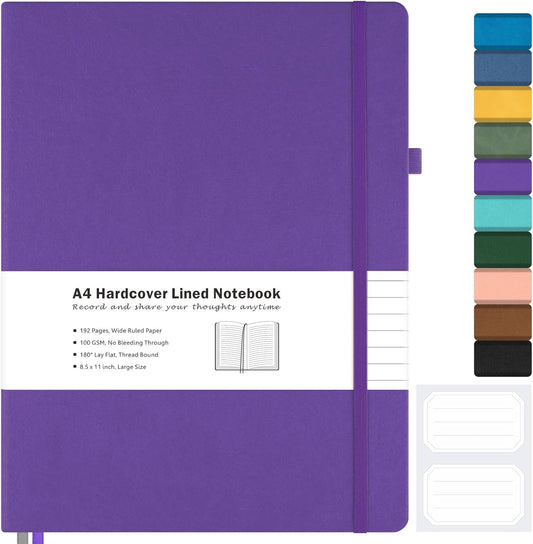 Lined Journal Notebook, 8.5" x 11" Hardcover Leather Notebook for Work, Wide Ruled Notebook Journal for Women Men, 192 Thick Paper, Lay Flat, 2 Pockets, Large Journals for Writing, Purple Notebook