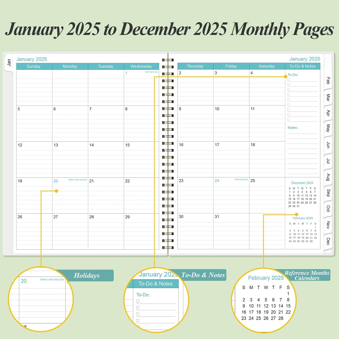 2025 Planner - Planner 2025 from January 2025 to December 2025 with 12 Monthly Tabs, Flexible Cover, Inner Pocket, 8.5" x 11", Green