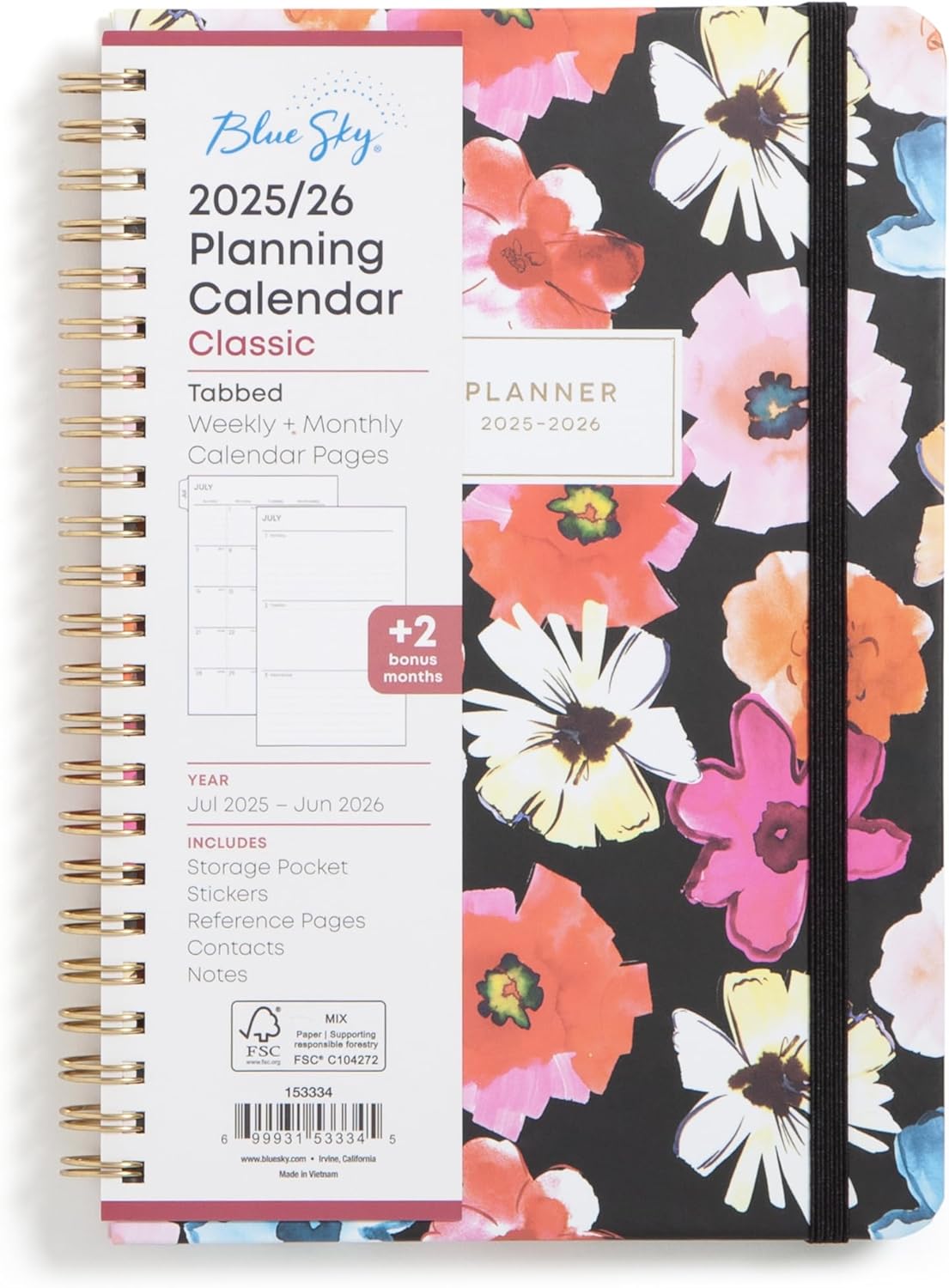 Blue Sky 2025-2026 Weekly and Monthly Academic Year Planner Calendar, July 2025 - June 2026, 5" x 8", Hard Cover, Wirebound, Storage Pocket, Laminated Tabs, Stickers
