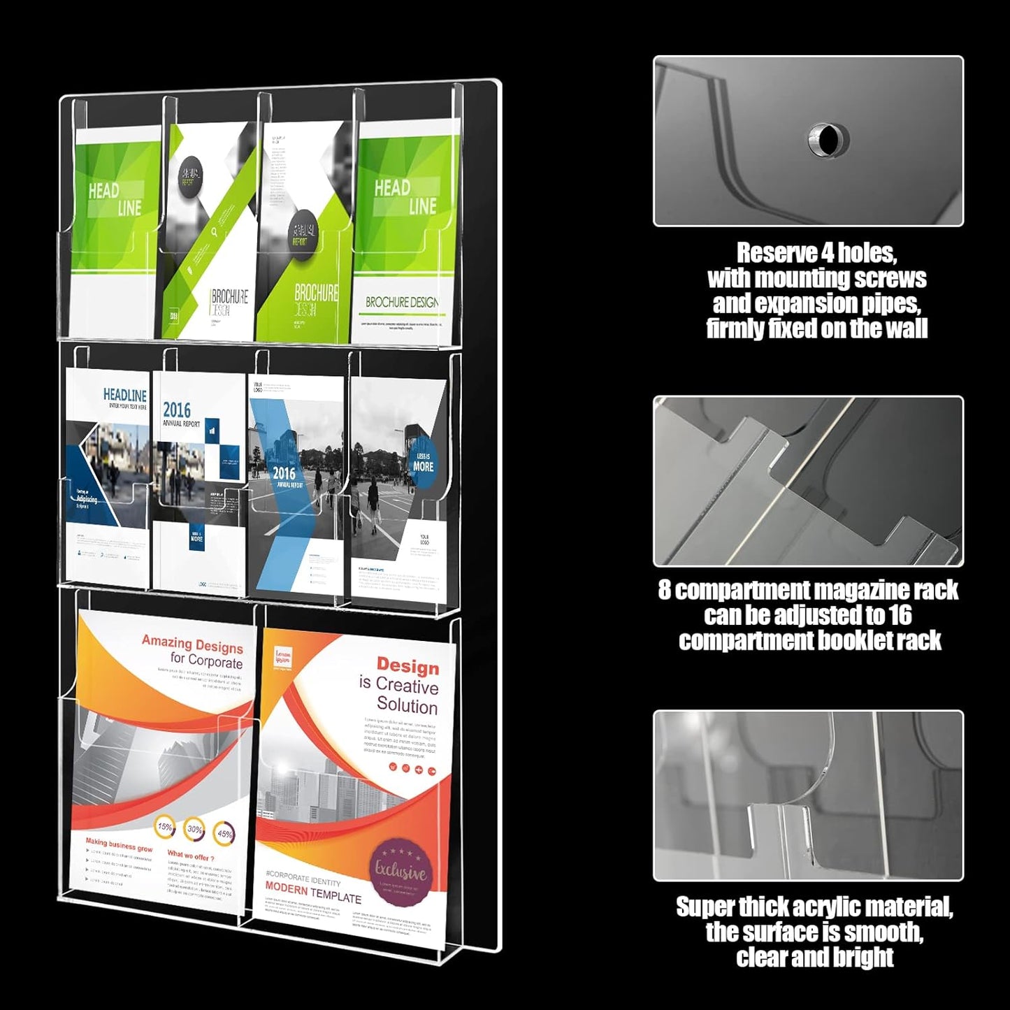 Weysat Acrylic Brochure Holder Wall Mount, Clear Plastic Pamphlet Holder Magazine Display Trifold Flyer Rack Hanging Literature Storage Organizer(2 Magazine Pockets, 8 Pamphlet Pockets)