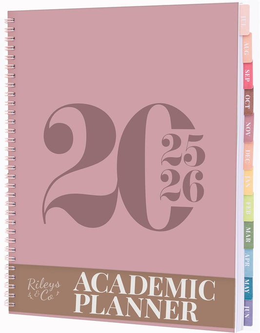 Rileys Academic Planner 2025-2026, Daily, Weekly & Monthly Planner, July 2025 - June 2026, Student Notes Pages, Twin-Wire Binding, Weekly Agenda for School & Work (8.5 x 11-Inches, Pink, Typographic)