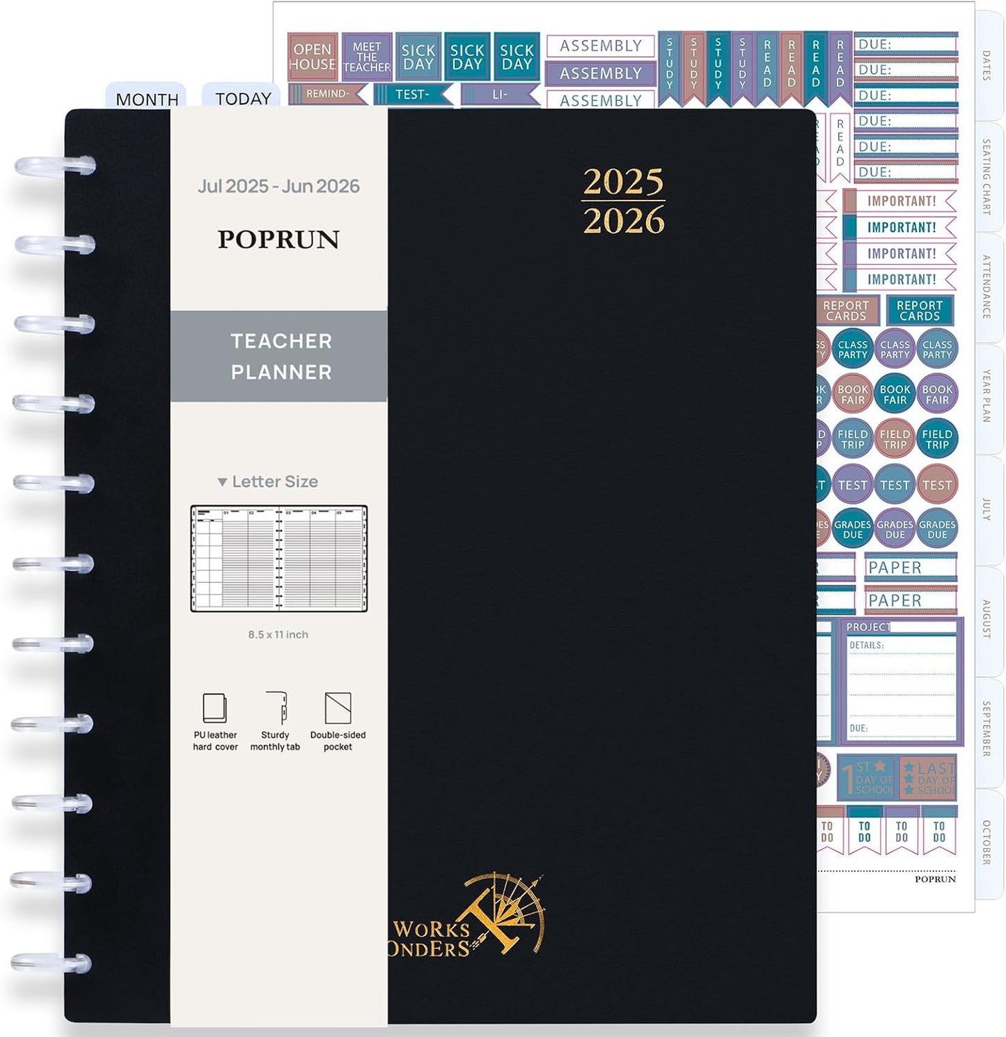 POPRUN Teacher Planner 2025-2026, (Disc-Bound Letter Size - 8.5'' x 11'') Academic Lesson Planner (Jul. 2025 - Jun. 2026) with Monthly Tabs, 2-Sided Pocket, Hardcover for Teachers, Black