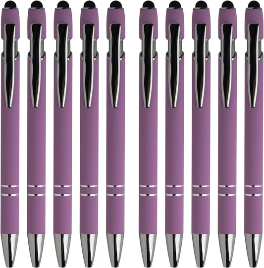 Purple Ballpoint Pens with Black Ink, 2-in-1 Stylus Tip, 1.0mm Medium Point, Matte Metal Barrel – 10-Pack for Office or School