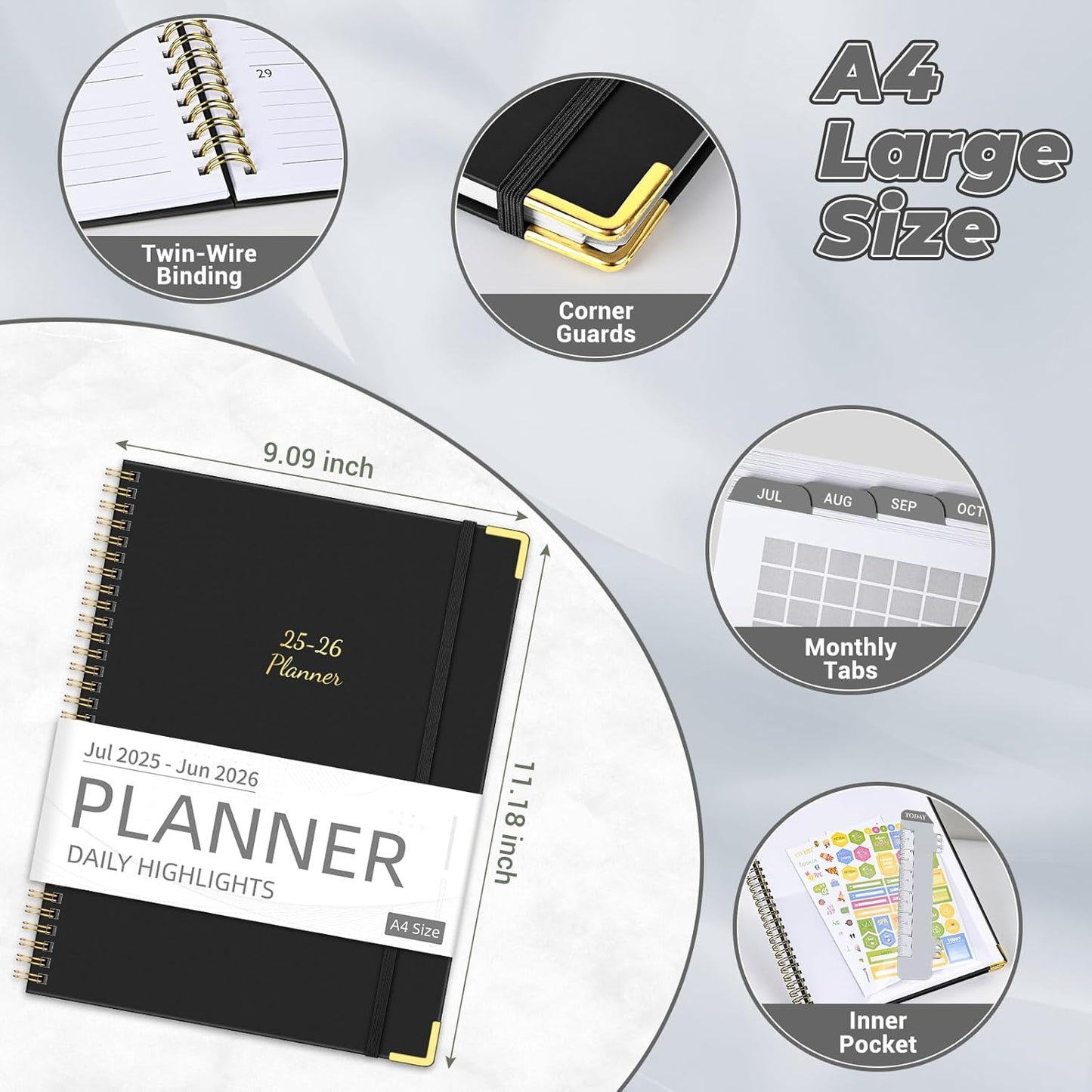 Academic Planner 2025-2026 (8.5" x 11") - Weekly & Monthly Planner (Jul. 2025 - Jun. 2026), Column View Calendar Organizers, Hardcover Agenda Book with Tabs for Office & School, Black